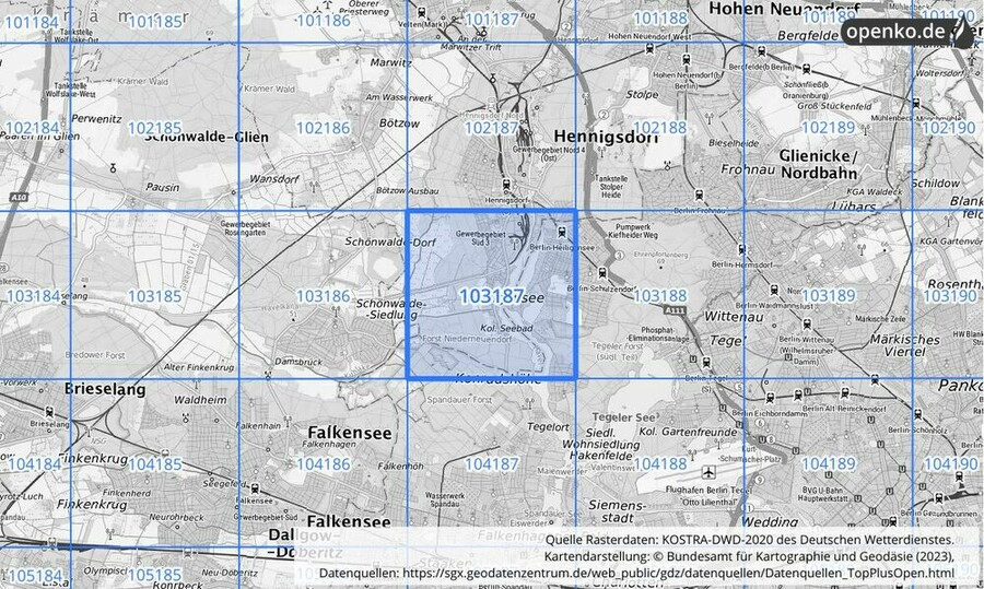 Übersichtskarte des KOSTRA-DWD-2020-Rasterfeldes Nr. 103187