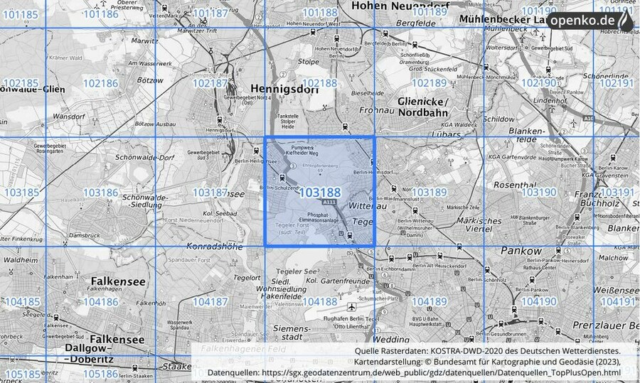 Übersichtskarte des KOSTRA-DWD-2020-Rasterfeldes Nr. 103188