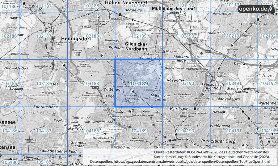 Übersichtskarte des KOSTRA-DWD-2020-Rasterfeldes Nr. 103189