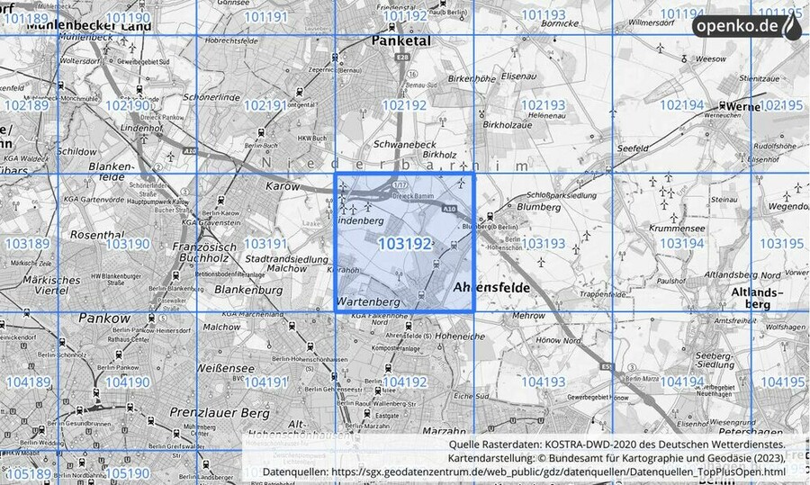 Übersichtskarte des KOSTRA-DWD-2020-Rasterfeldes Nr. 103192