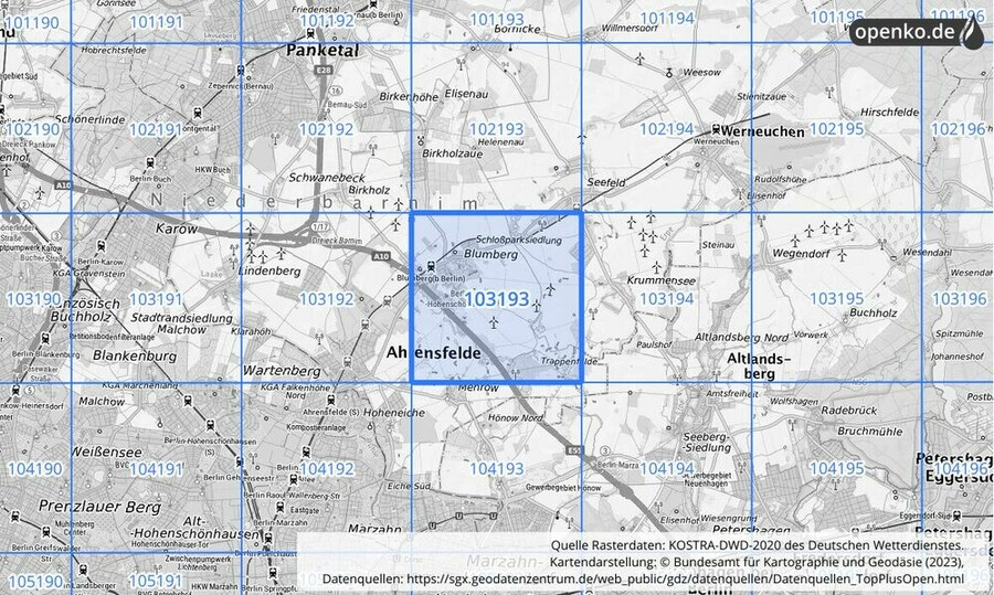 Übersichtskarte des KOSTRA-DWD-2020-Rasterfeldes Nr. 103193