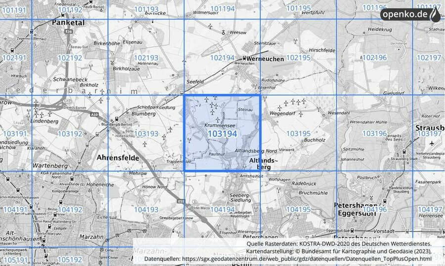 Übersichtskarte des KOSTRA-DWD-2020-Rasterfeldes Nr. 103194