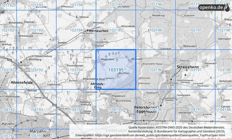 Übersichtskarte des KOSTRA-DWD-2020-Rasterfeldes Nr. 103195