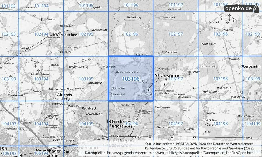 Übersichtskarte des KOSTRA-DWD-2020-Rasterfeldes Nr. 103196