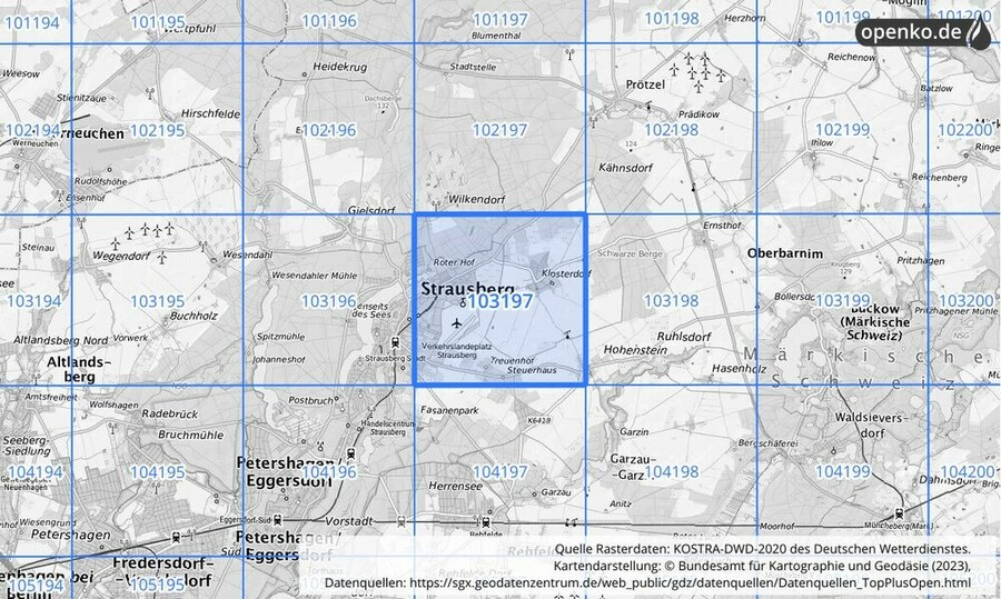 Übersichtskarte des KOSTRA-DWD-2020-Rasterfeldes Nr. 103197