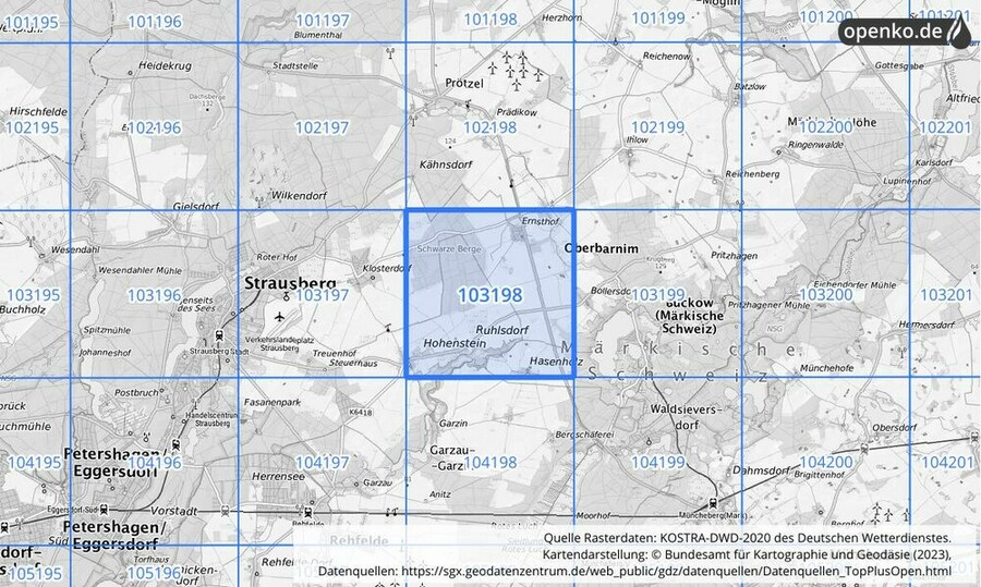 Übersichtskarte des KOSTRA-DWD-2020-Rasterfeldes Nr. 103198