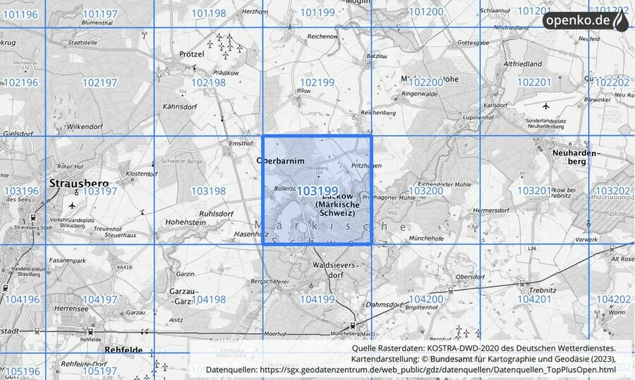 Übersichtskarte des KOSTRA-DWD-2020-Rasterfeldes Nr. 103199