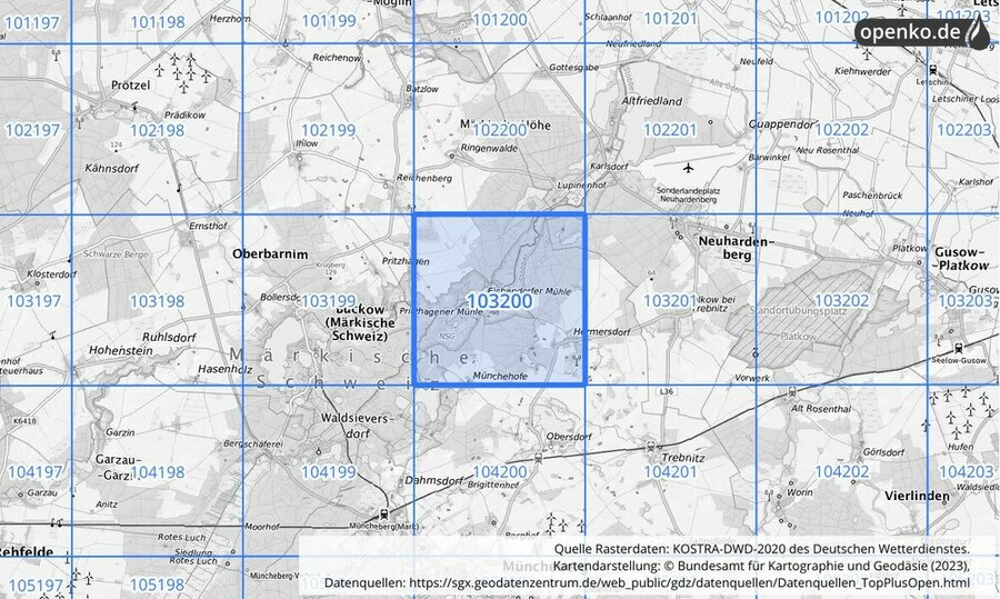 Übersichtskarte des KOSTRA-DWD-2020-Rasterfeldes Nr. 103200