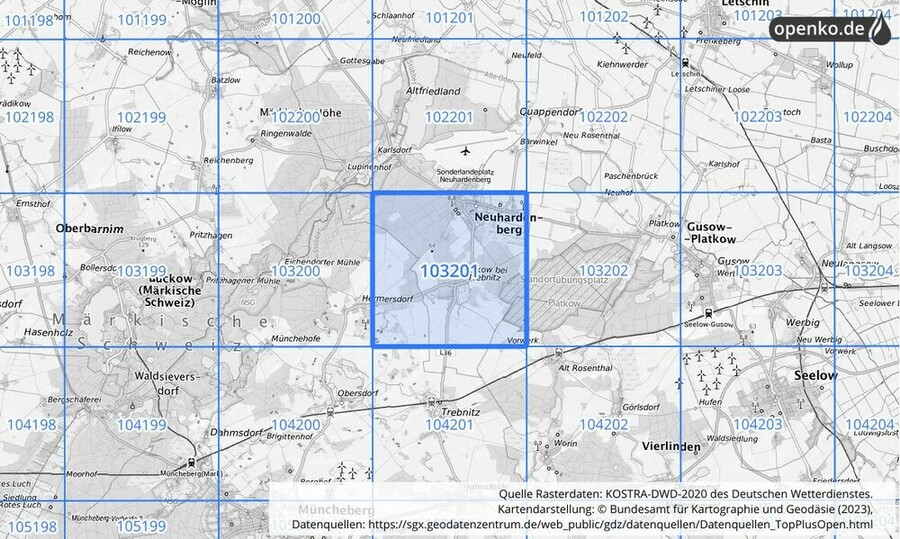 Übersichtskarte des KOSTRA-DWD-2020-Rasterfeldes Nr. 103201