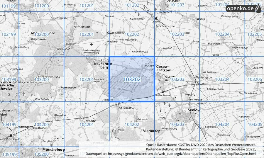 Übersichtskarte des KOSTRA-DWD-2020-Rasterfeldes Nr. 103202