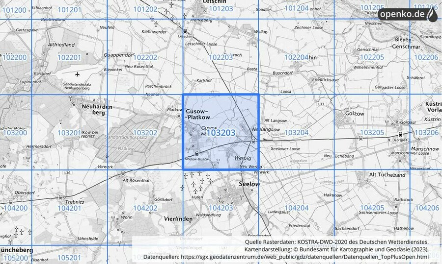 Übersichtskarte des KOSTRA-DWD-2020-Rasterfeldes Nr. 103203