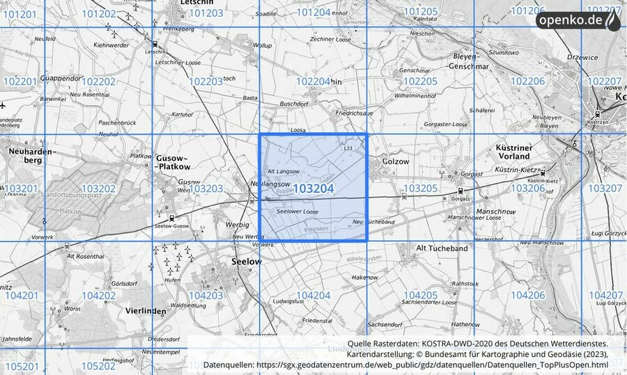 Übersichtskarte des KOSTRA-DWD-2020-Rasterfeldes Nr. 103204