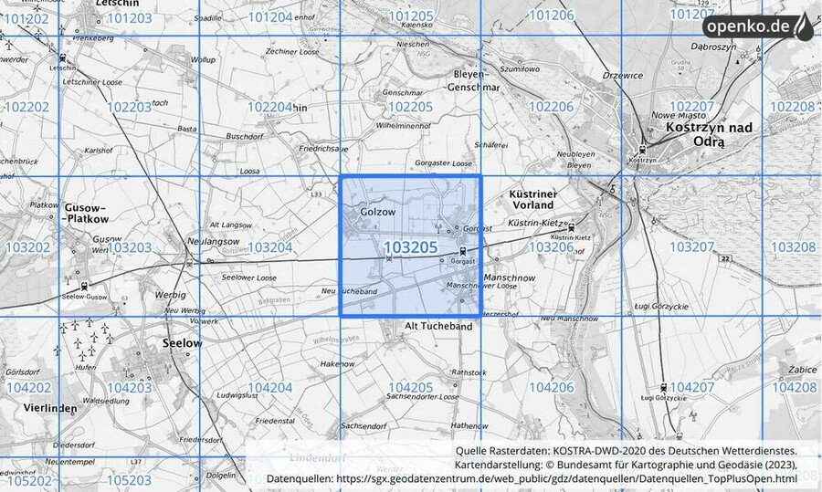 Übersichtskarte des KOSTRA-DWD-2020-Rasterfeldes Nr. 103205