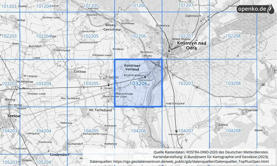 Übersichtskarte des KOSTRA-DWD-2020-Rasterfeldes Nr. 103206
