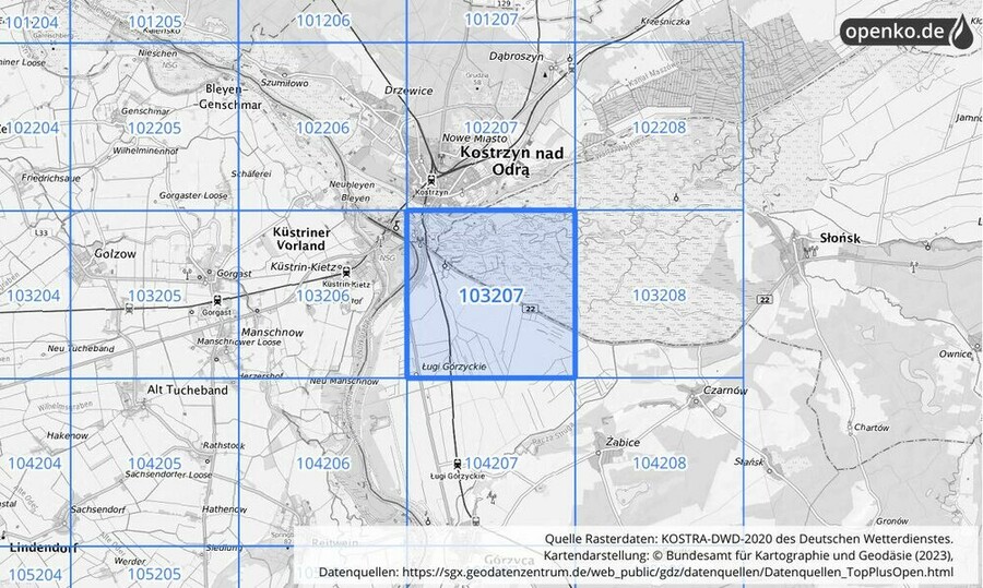 Übersichtskarte des KOSTRA-DWD-2020-Rasterfeldes Nr. 103207