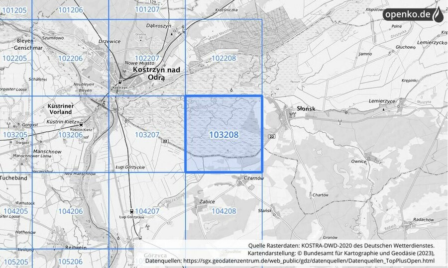 Übersichtskarte des KOSTRA-DWD-2020-Rasterfeldes Nr. 103208