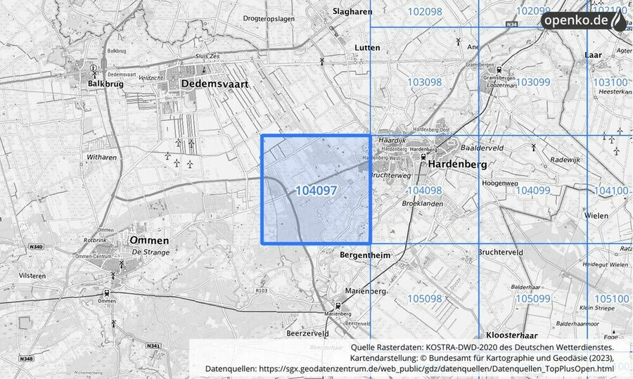 Übersichtskarte des KOSTRA-DWD-2020-Rasterfeldes Nr. 104097