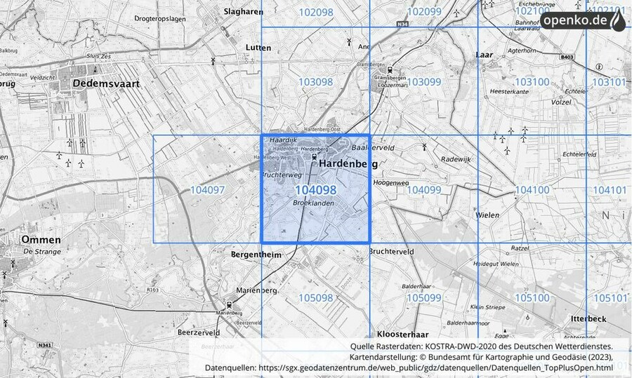 Übersichtskarte des KOSTRA-DWD-2020-Rasterfeldes Nr. 104098