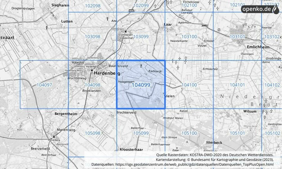 Übersichtskarte des KOSTRA-DWD-2020-Rasterfeldes Nr. 104099