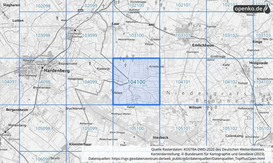 Übersichtskarte des KOSTRA-DWD-2020-Rasterfeldes Nr. 104100