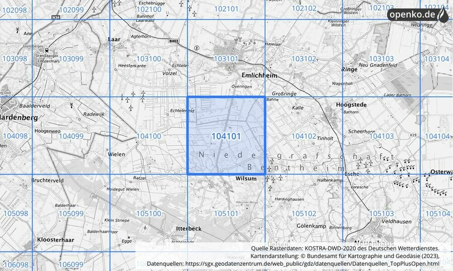 Übersichtskarte des KOSTRA-DWD-2020-Rasterfeldes Nr. 104101