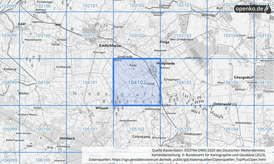 Übersichtskarte des KOSTRA-DWD-2020-Rasterfeldes Nr. 104102