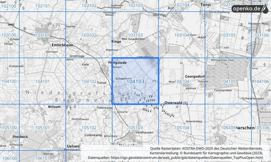 Übersichtskarte des KOSTRA-DWD-2020-Rasterfeldes Nr. 104103