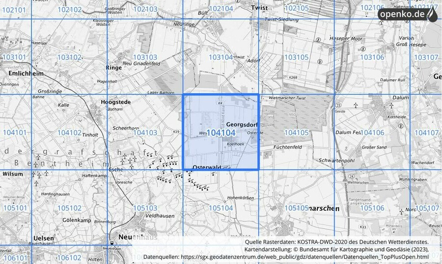 Übersichtskarte des KOSTRA-DWD-2020-Rasterfeldes Nr. 104104