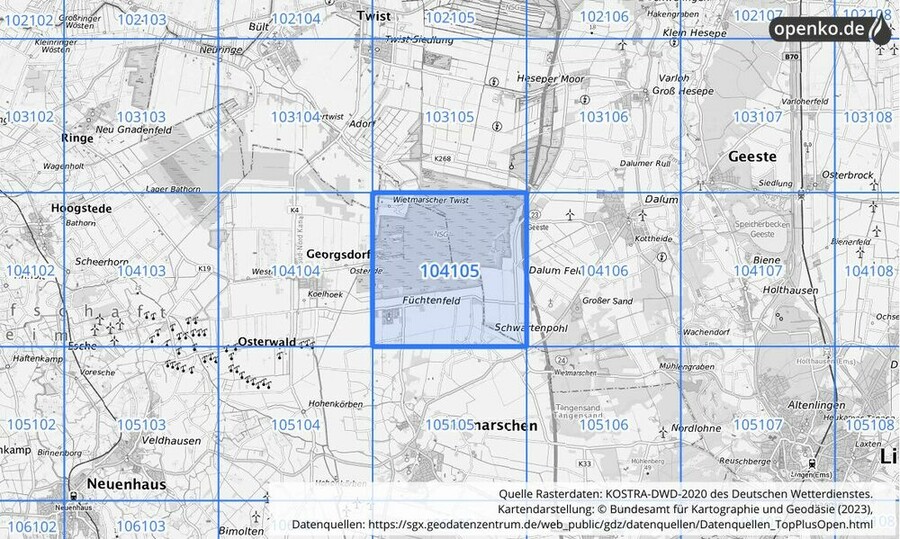 Übersichtskarte des KOSTRA-DWD-2020-Rasterfeldes Nr. 104105