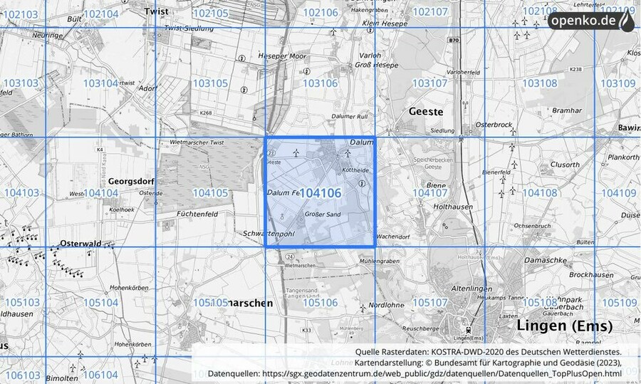 Übersichtskarte des KOSTRA-DWD-2020-Rasterfeldes Nr. 104106
