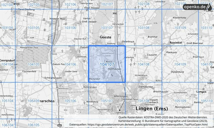 Übersichtskarte des KOSTRA-DWD-2020-Rasterfeldes Nr. 104107