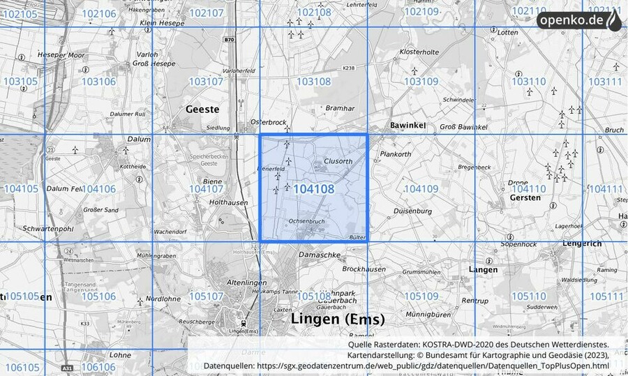 Übersichtskarte des KOSTRA-DWD-2020-Rasterfeldes Nr. 104108