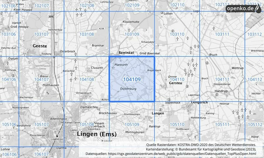 Übersichtskarte des KOSTRA-DWD-2020-Rasterfeldes Nr. 104109