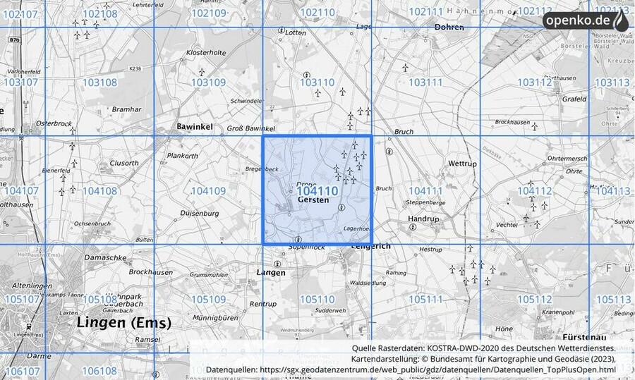 Übersichtskarte des KOSTRA-DWD-2020-Rasterfeldes Nr. 104110