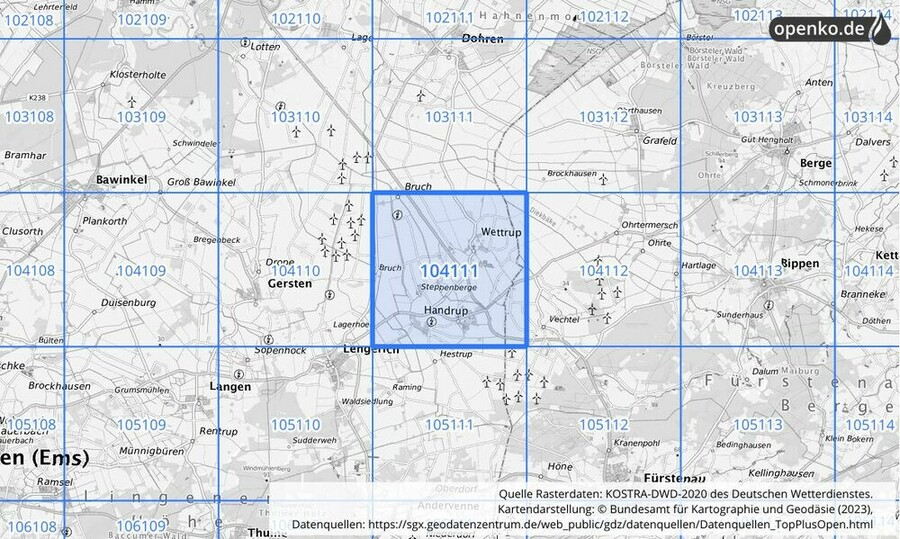 Übersichtskarte des KOSTRA-DWD-2020-Rasterfeldes Nr. 104111