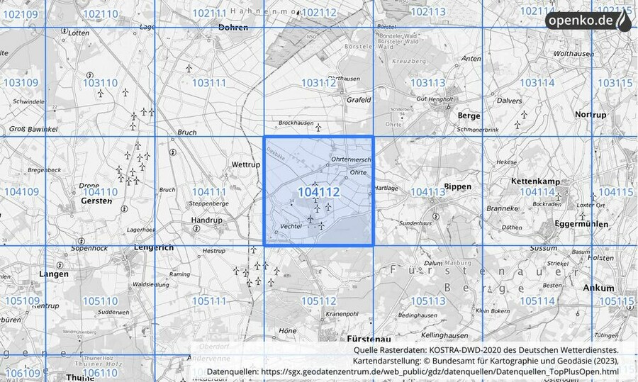 Übersichtskarte des KOSTRA-DWD-2020-Rasterfeldes Nr. 104112