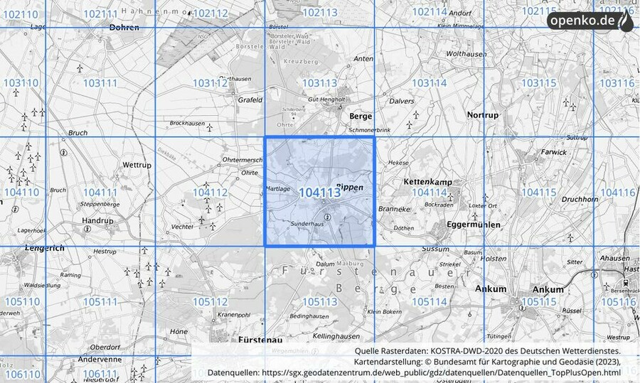 Übersichtskarte des KOSTRA-DWD-2020-Rasterfeldes Nr. 104113