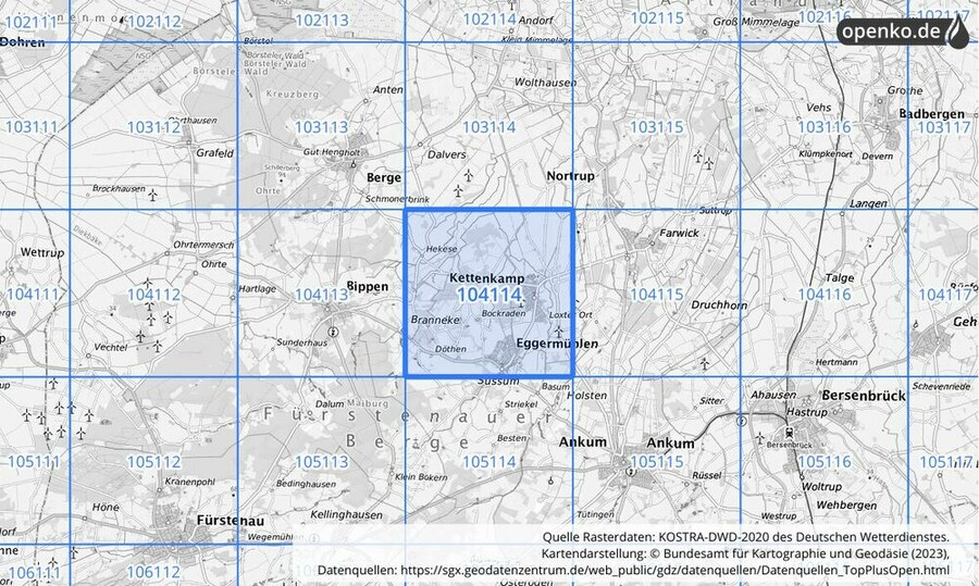 Übersichtskarte des KOSTRA-DWD-2020-Rasterfeldes Nr. 104114