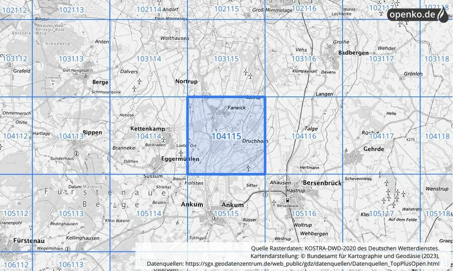 Übersichtskarte des KOSTRA-DWD-2020-Rasterfeldes Nr. 104115