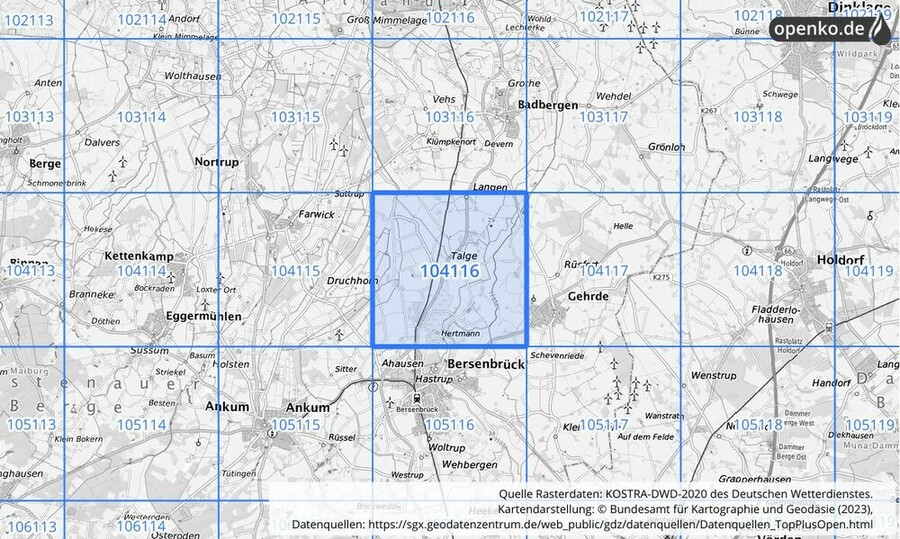 Übersichtskarte des KOSTRA-DWD-2020-Rasterfeldes Nr. 104116