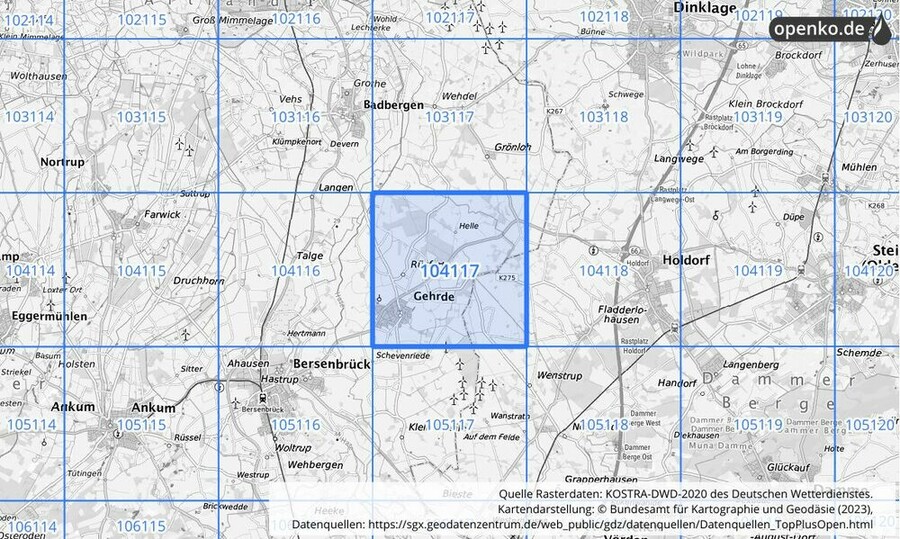 Übersichtskarte des KOSTRA-DWD-2020-Rasterfeldes Nr. 104117