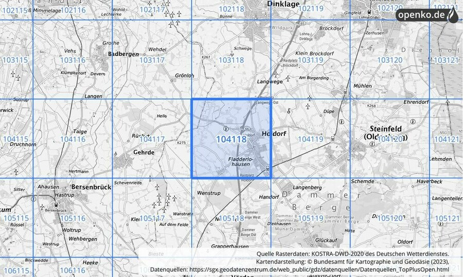 Übersichtskarte des KOSTRA-DWD-2020-Rasterfeldes Nr. 104118