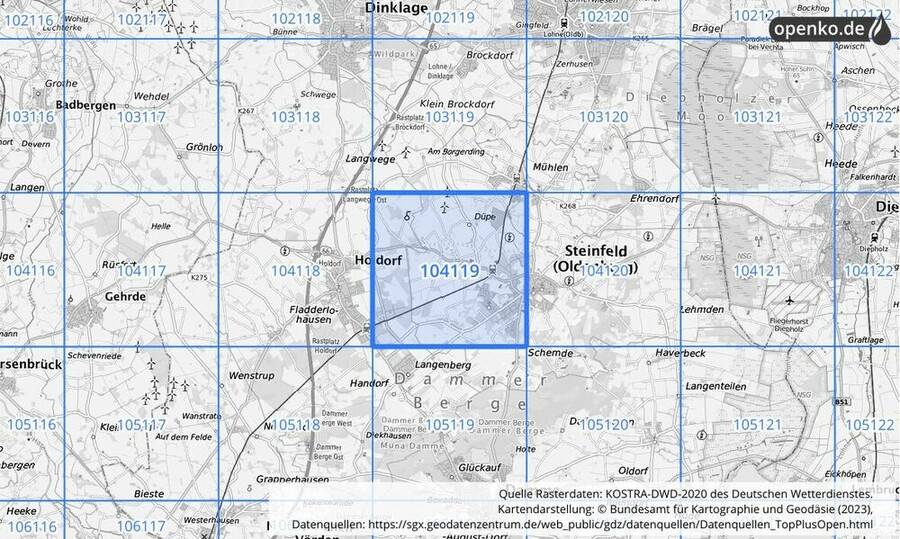 Übersichtskarte des KOSTRA-DWD-2020-Rasterfeldes Nr. 104119