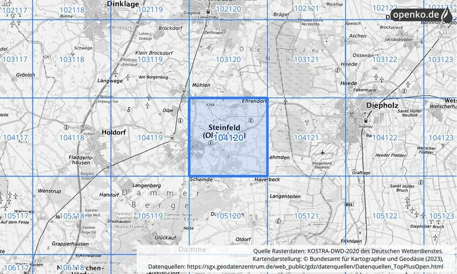 Übersichtskarte des KOSTRA-DWD-2020-Rasterfeldes Nr. 104120