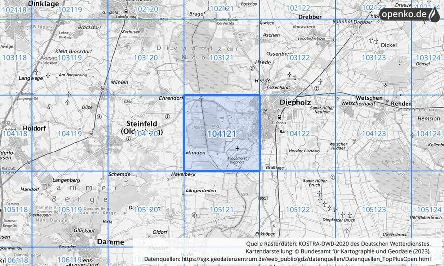 Übersichtskarte des KOSTRA-DWD-2020-Rasterfeldes Nr. 104121