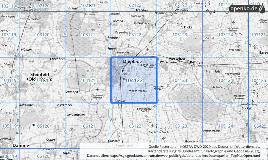 Übersichtskarte des KOSTRA-DWD-2020-Rasterfeldes Nr. 104122