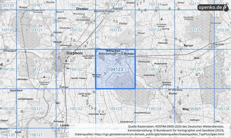 Übersichtskarte des KOSTRA-DWD-2020-Rasterfeldes Nr. 104123