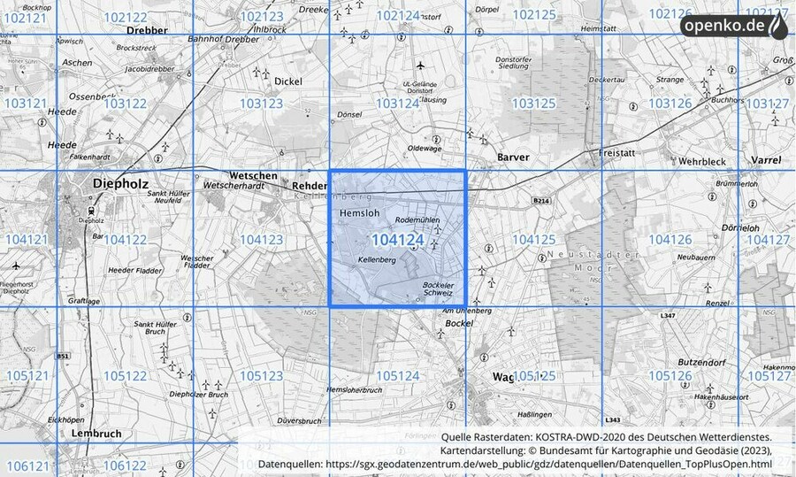 Übersichtskarte des KOSTRA-DWD-2020-Rasterfeldes Nr. 104124