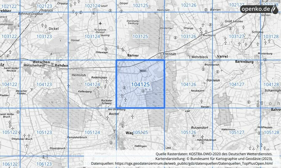 Übersichtskarte des KOSTRA-DWD-2020-Rasterfeldes Nr. 104125