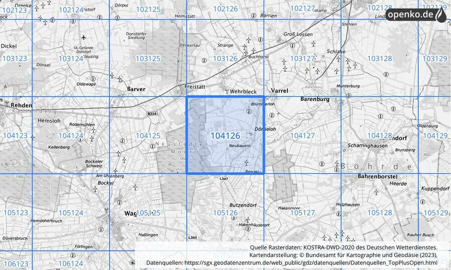 Übersichtskarte des KOSTRA-DWD-2020-Rasterfeldes Nr. 104126